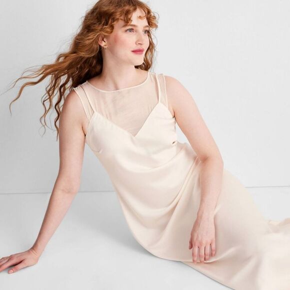 Future Collective - Women's Sleeveless Mixed Media Ankle Slip Dress -  Cream - Picture 3 of 4